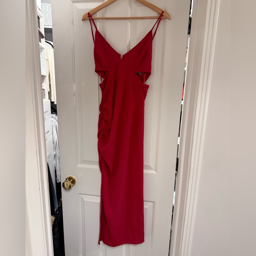 Zara Maxi red dress bodycon V neck cut out; small NWT